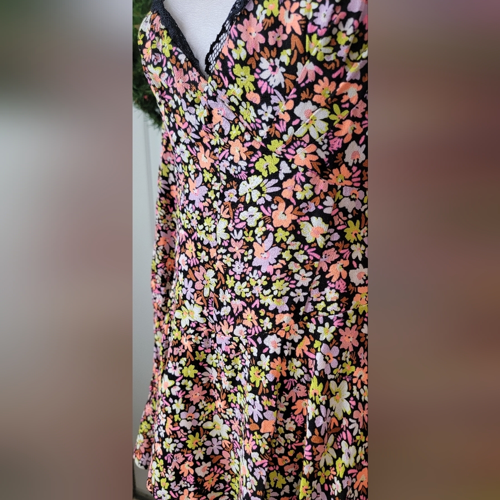 AFRM Modesto Sweetheart Long Sleeve Mini Dress Womens M Black Multi Neon Floral - Picture 8 of 16